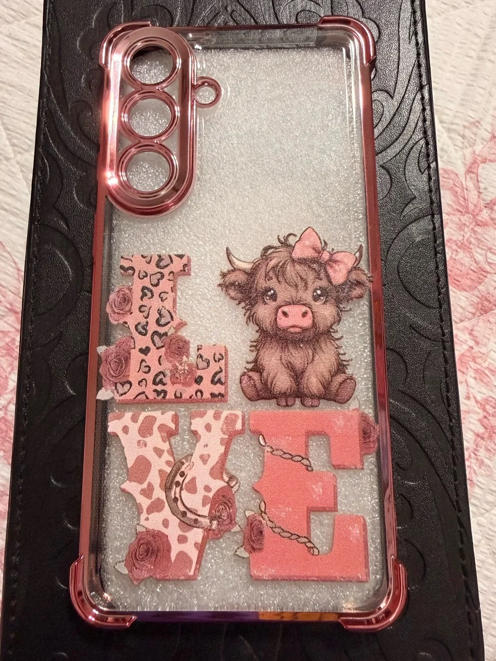 Pink 'LOVE' Cow Glitter Phone Case Samsung S26 plus